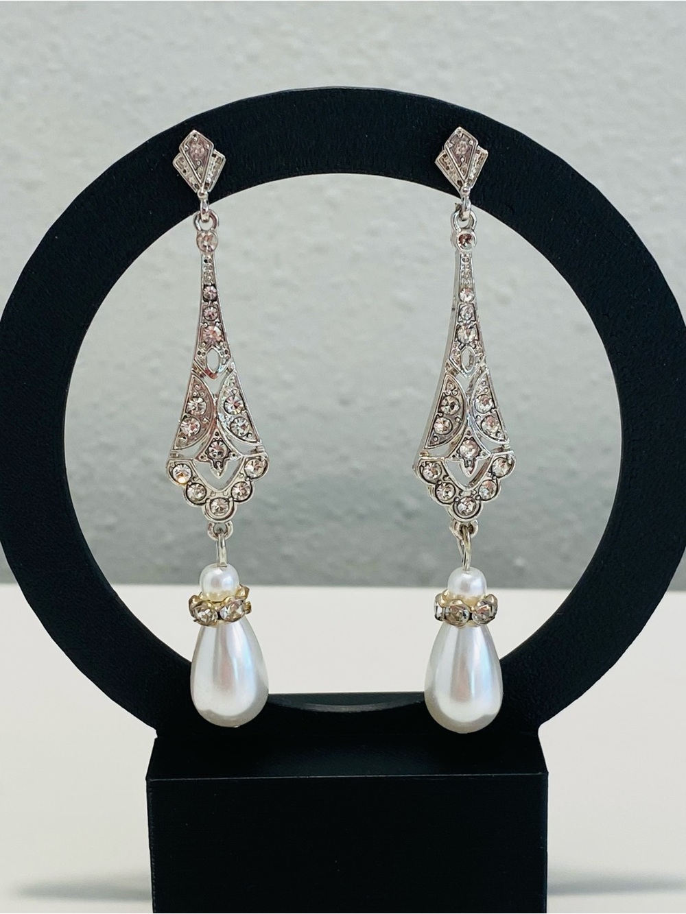 Art Deco Rhinestone Imitation Pearl Earrings Long Dangle Drop Silvertone Pierced